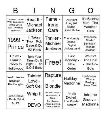 Stampede/K-Days Music Bingo 4 - 80s Dance Bingo Card