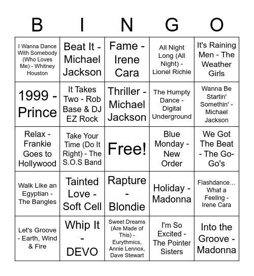 Stampede/K-Days Music Bingo 4 - 80s Dance Bingo Card
