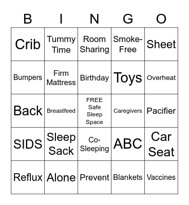 Safe Sleep Bingo Card