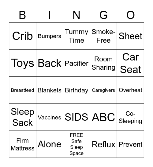 Safe Sleep Bingo Card