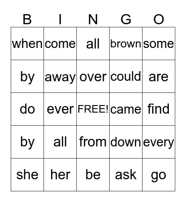 Casey's Sight Words Bingo Card