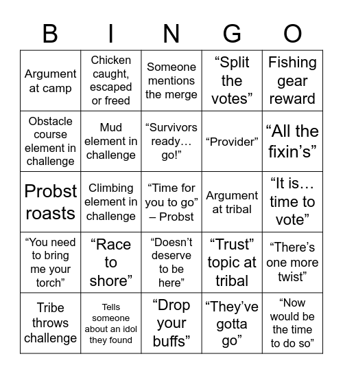 Survivor Bingo: Pre-Merge Bingo Card