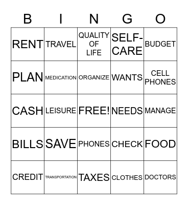 Money Management Bingo Card