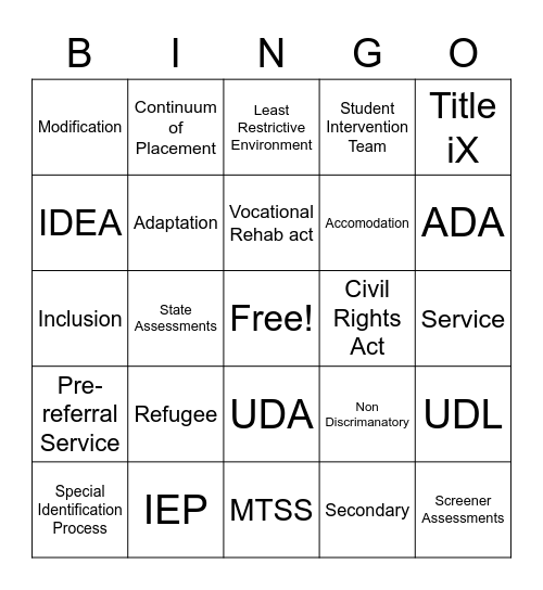 Exceptional Learners Bingo Card