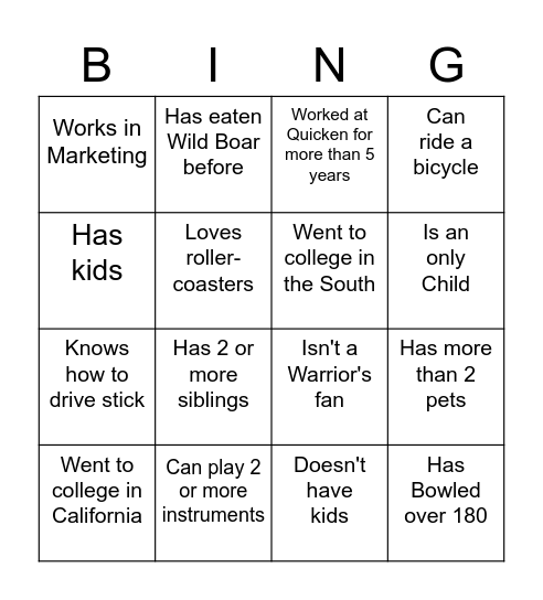 Quicken Coworker Bingo Card