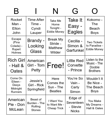 Road Trip Songs Bingo Card