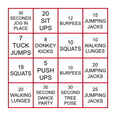 FITNESS BINGO PA CLASS Bingo Card