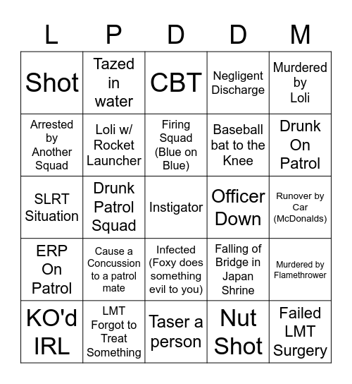 LPD Damage Card Bingo Card