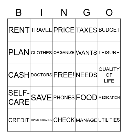 Money Management Bingo Card