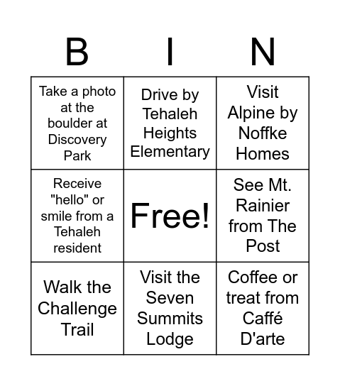 The Tehaleh Experience Bingo Card