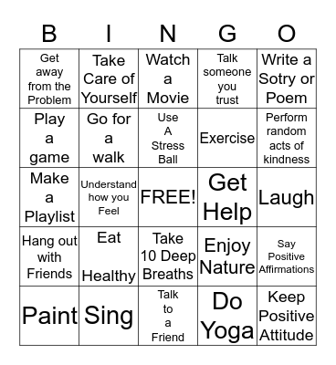 Coping Skills Bingo Card