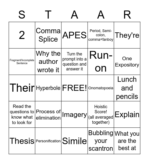 STAAR-EOC Review Bingo Card