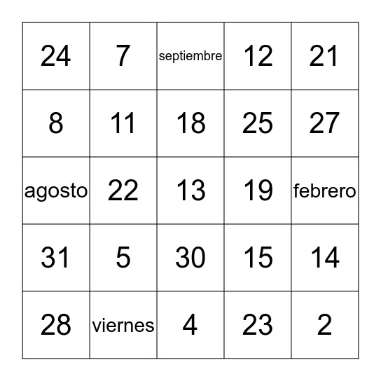 1-31, days of week, months Bingo Card