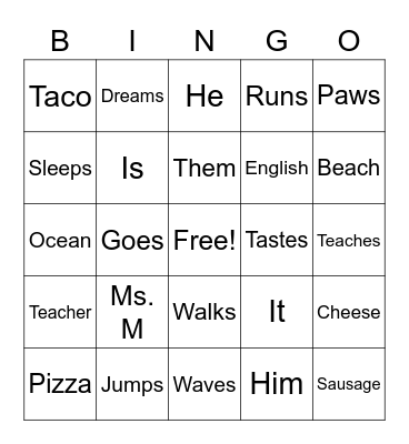 Nouns, Pronouns, & Verbs Bingo Card