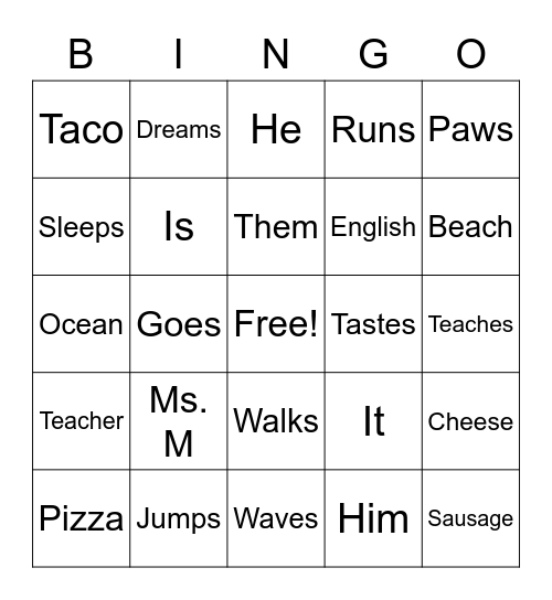 Nouns, Pronouns, & Verbs Bingo Card