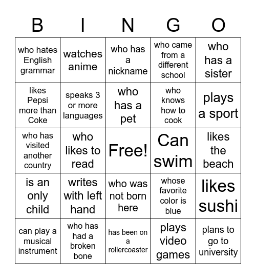 Find Someone Who: Bingo Card