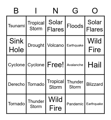 Natural Disaster Bingo Card