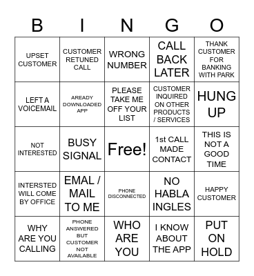 ParkDirect Call Night - Customer Contact Bingo Card