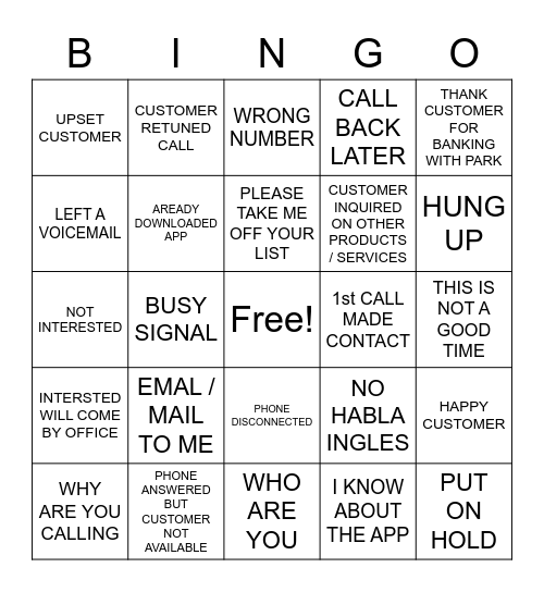 ParkDirect Call Night - Customer Contact Bingo Card