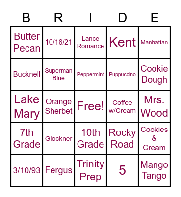 BRIDAL SHOWER BINGO! Bingo Card