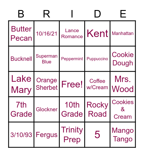 BRIDAL SHOWER BINGO! Bingo Card