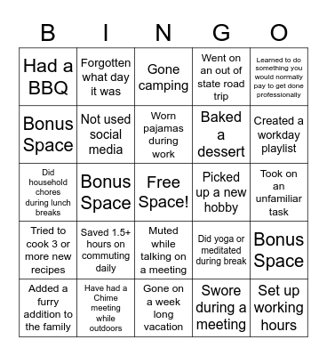 Things I've Done During the Pandemic Bingo Card