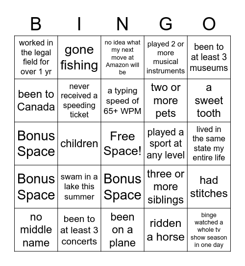 I Have.... Bingo Card