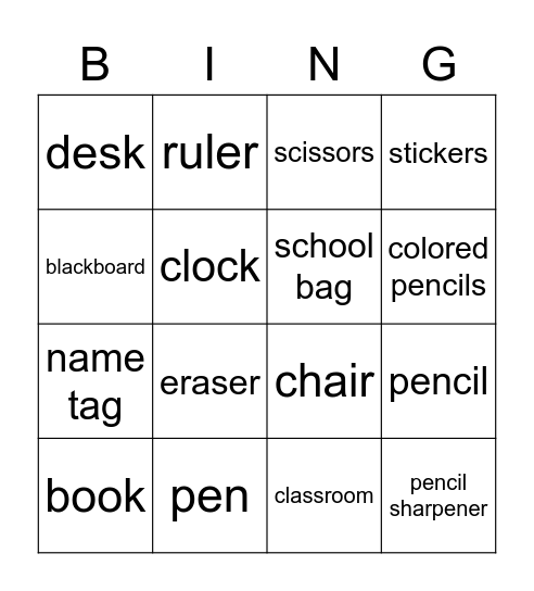 School Supplies Bingo Card