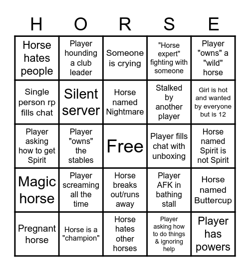 Horse Valley Bingo Card