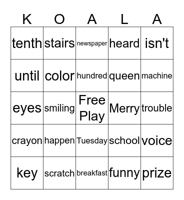 Koala Bingo Card