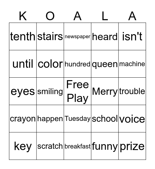 Koala Bingo Card