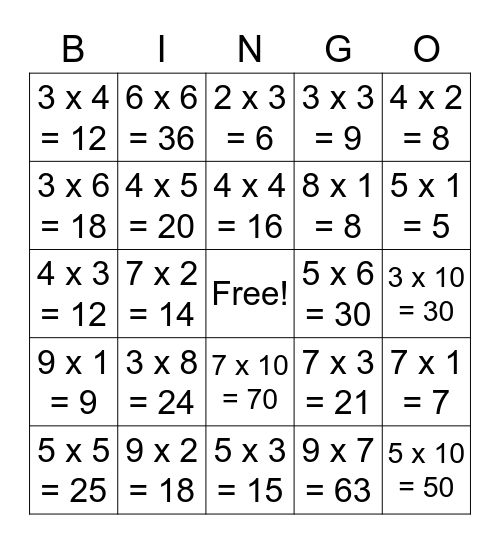 MULTIPLICANDO Bingo Card
