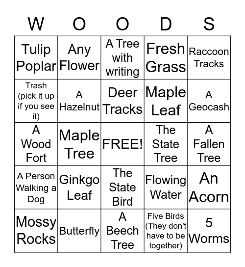 Nature Bingo Card