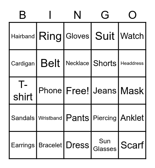 Accessories/Clothes Bingo Card