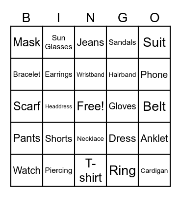 Accessories/Clothes Bingo Card