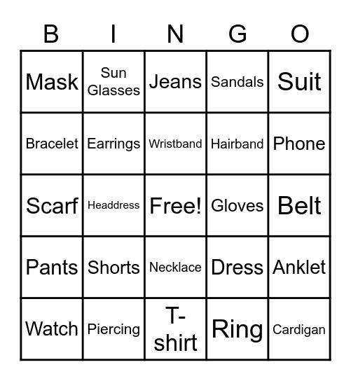 Accessories/Clothes Bingo Card