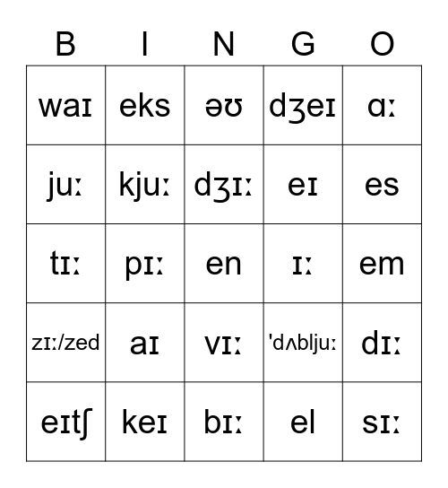 Alphabet Letters as Phonetic Symbols Bingo Card