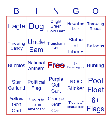Nocatee 4th of July Golf Cart Parade Bingo Card