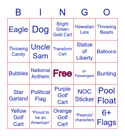 Nocatee 4th of July Golf Cart Parade Bingo Card