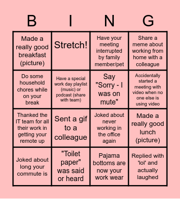 Remote Work Bingo Card