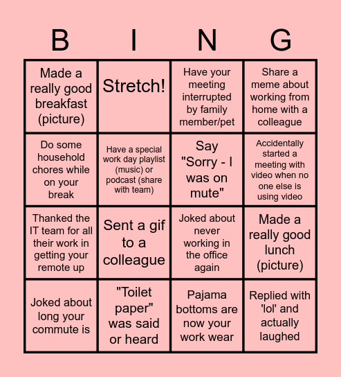 Remote Work Bingo Card