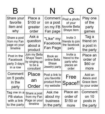Bella Shaye Bingo Card