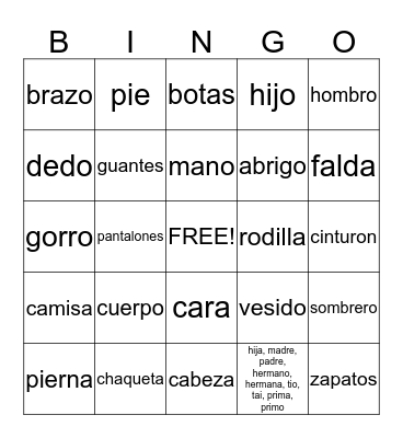 Spanish Bingo Card