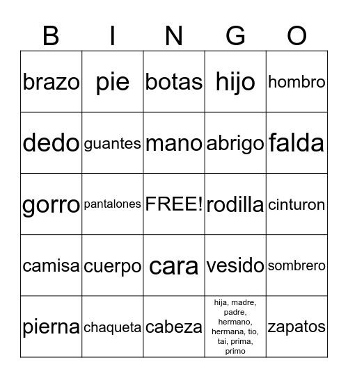 Spanish Bingo Card