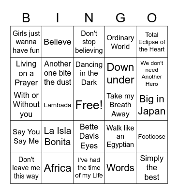 1980's Music Bingo Card