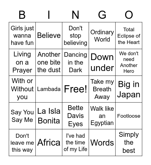 1980's Music Bingo Card