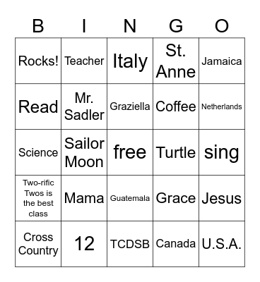 Mrs. Sadler Bingo Card