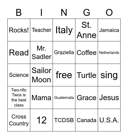 Mrs. Sadler Bingo Card