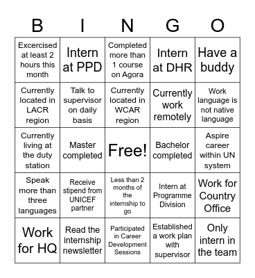 Internship Bingo Card