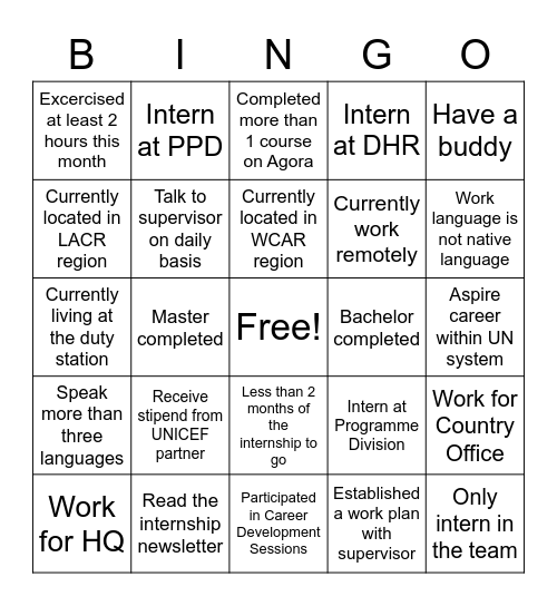 Internship Bingo Card